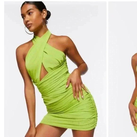 NWT Forever 21 Crisscross Halter Ruched Bodycon Mini Dress Lime Green Apple Sz S - Picture 2 of 13